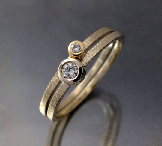 minimalistyczny złoty pierścionek z brylantem, zestaw z białego złota