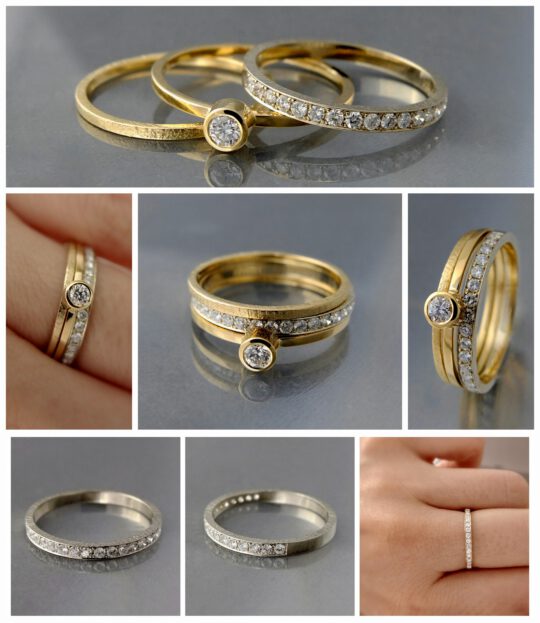 zestaw złote obrączki i pierścionek z brylantami