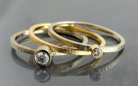 komplet pierścionków i obrączka - żółte i białe złoto, diamenty