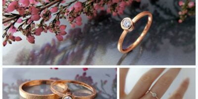 kolaż komplet ślubny bizoe obrączka i pierścionek z różowego złota z brylantem