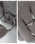 klasyczny pierścionek zaręczynowy z białego złota próby 585 z brylantem na palcu i z profilu